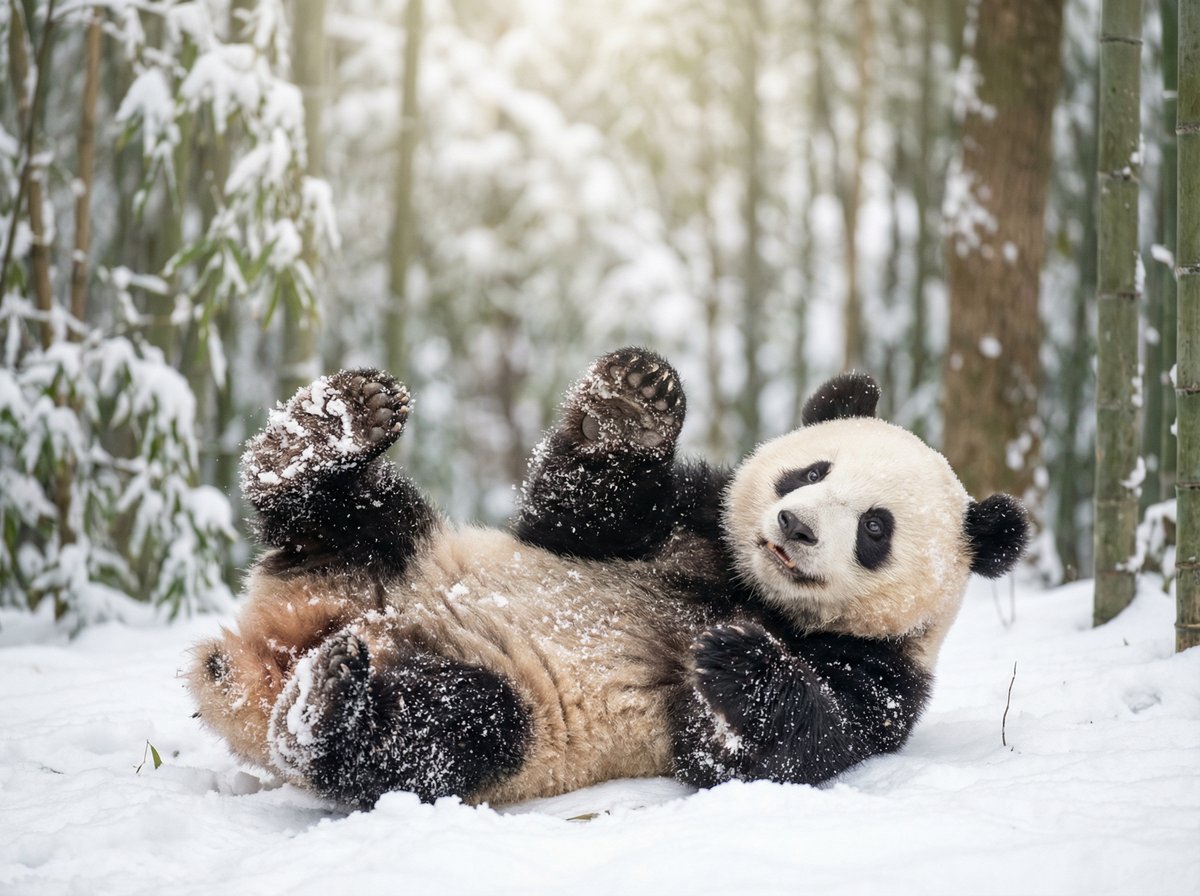 媚黑熊猫宝宝雪地嬉戏视频